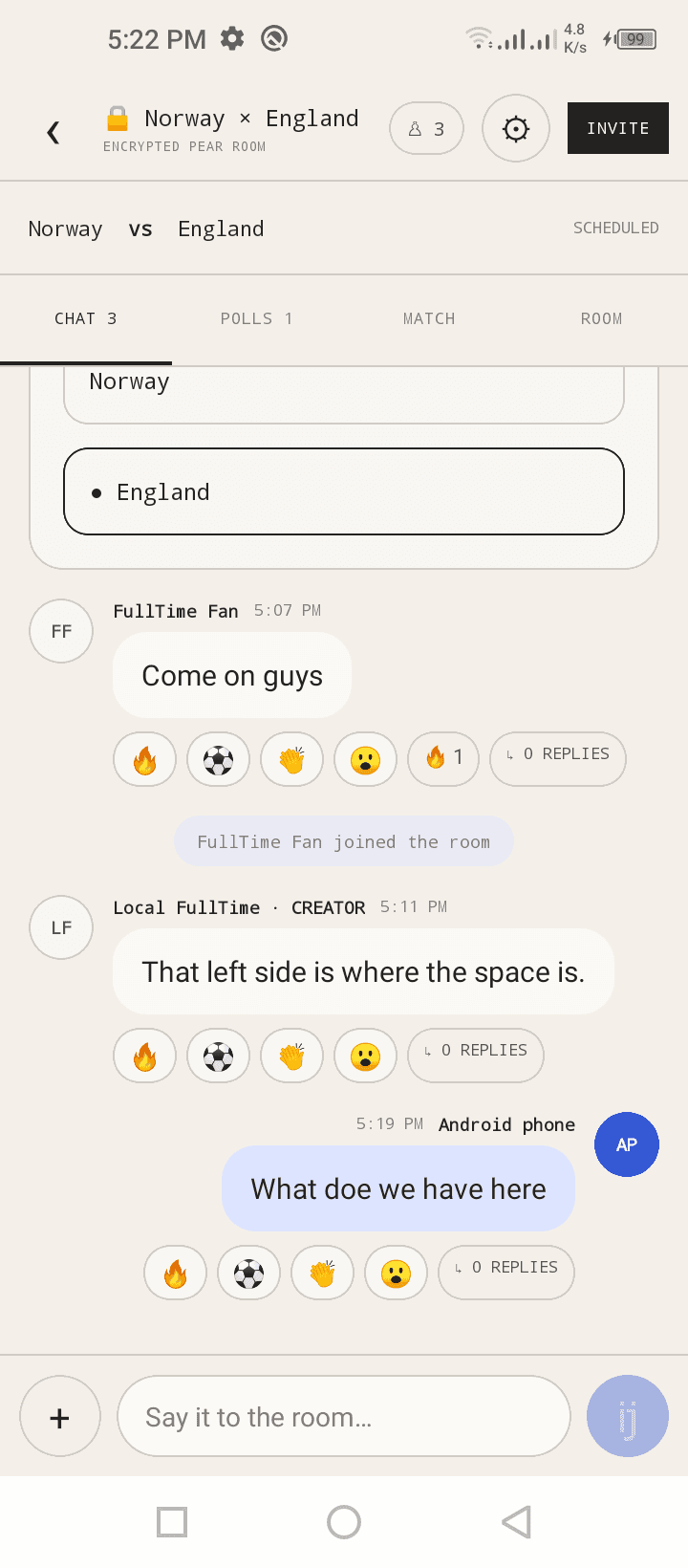 The same FullTime room on Android with three peers, chat messages, and reactions