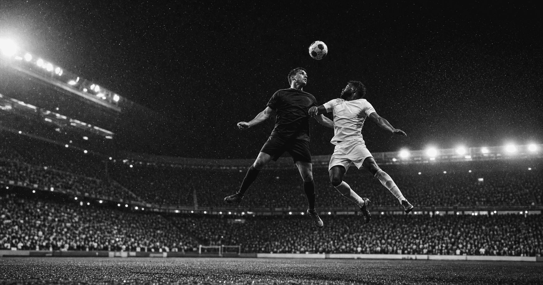 Two footballers contesting a header under stadium lights