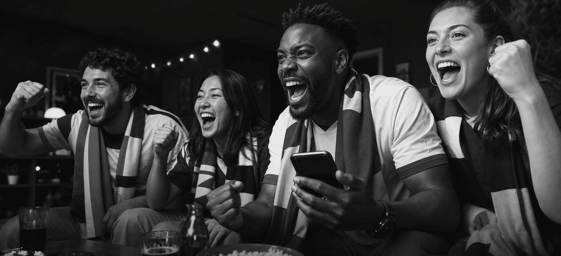 Friends reacting together to a football match beneath the stadium lights